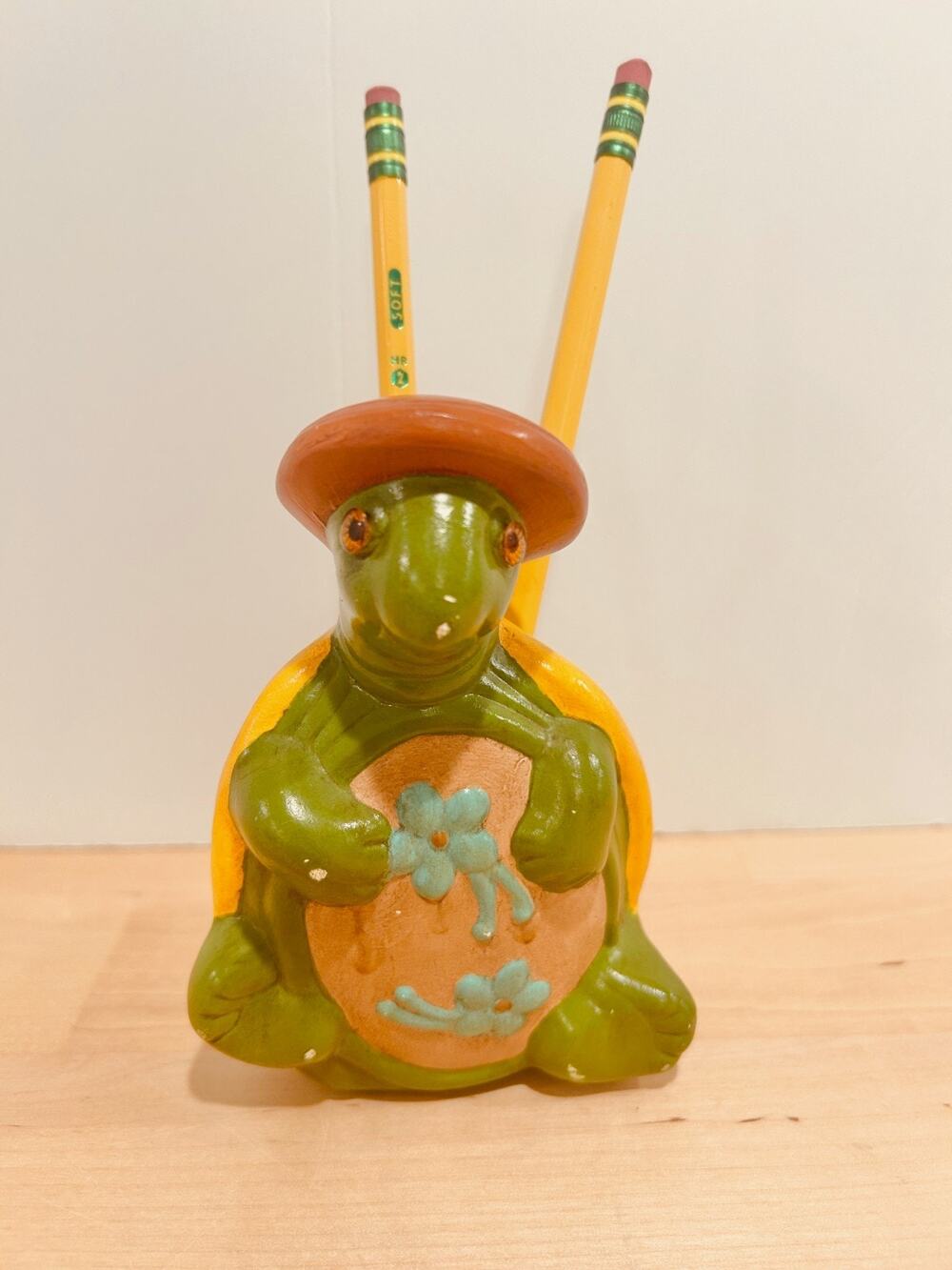 Handmade Ceramic Turtle Pencil Holder Artist Signed Glass Eyes Mosaic Shell